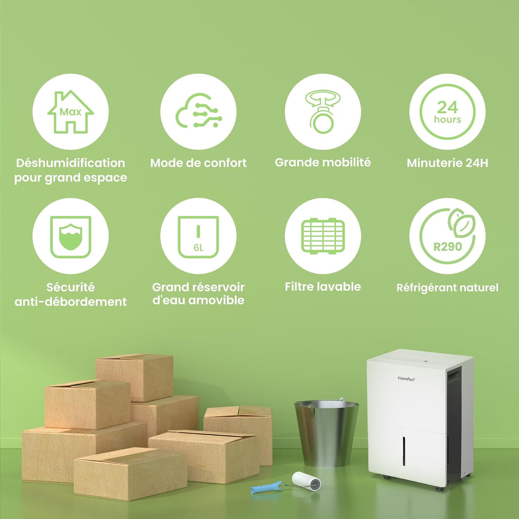 Déshumidificateur puissant COMFEE, absorbe jusqu'à 50 L/jour, sèche-linge, mode confort, grand réservoir de 6 L, minuterie 24 h, idéal pour les grandes pièces de 101 à 116 ㎡, MDDPE-50DEN7, cave, sous-sol