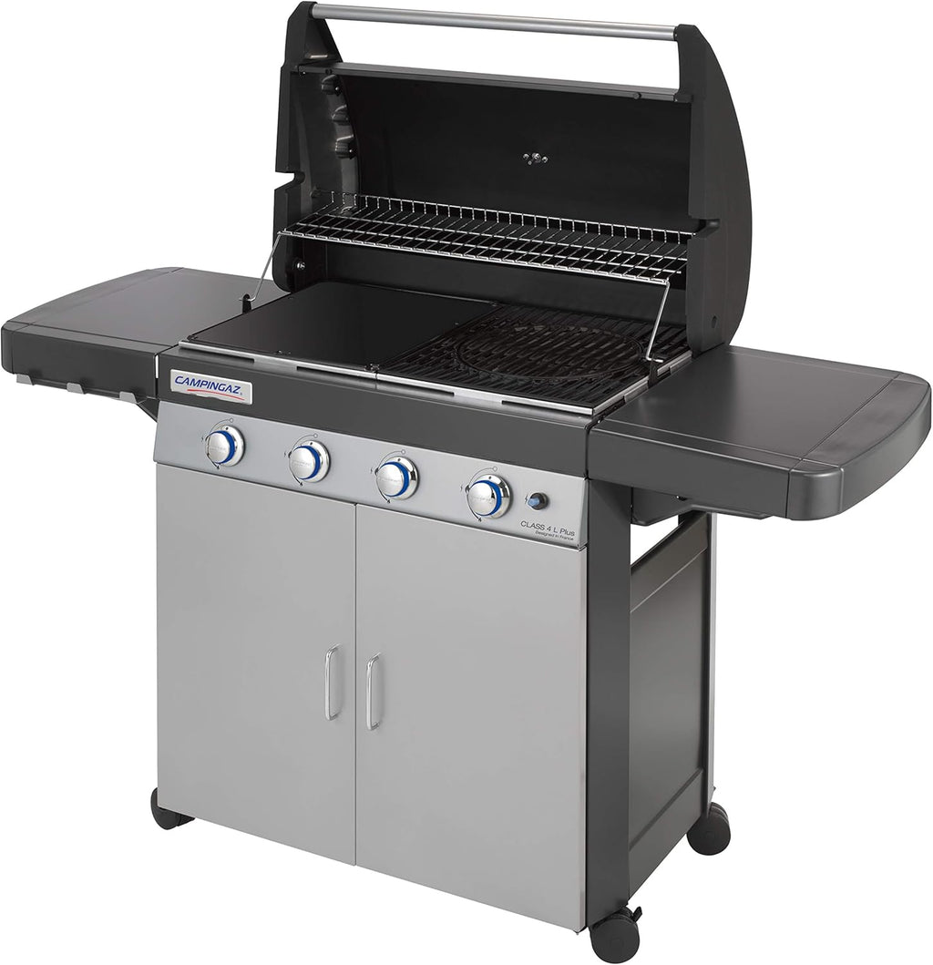 Barbecue à gaz Campingaz Classe 4 L Plus, 4 brûleurs, puissance 12,8 kW, système de nettoyage facile InstaClean, grille et plaque de cuisson en fonte double émaillée, 2 étagères latérales