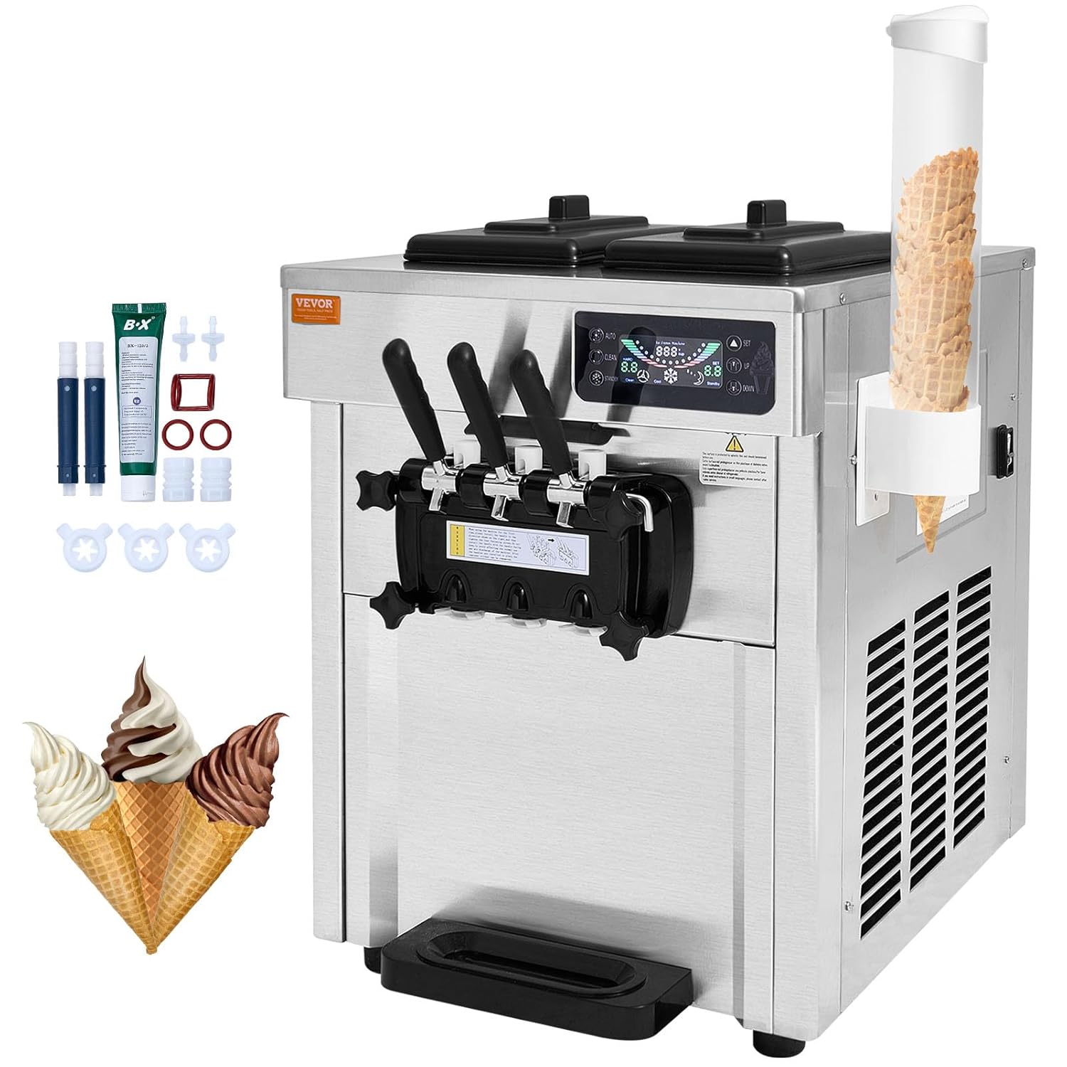 Machine à glace commerciale 20 l/h 1800 watts 3 parfums Machine à glace molle Trémie 2x4 l Pré-refroidissement Nettoyage automatique
