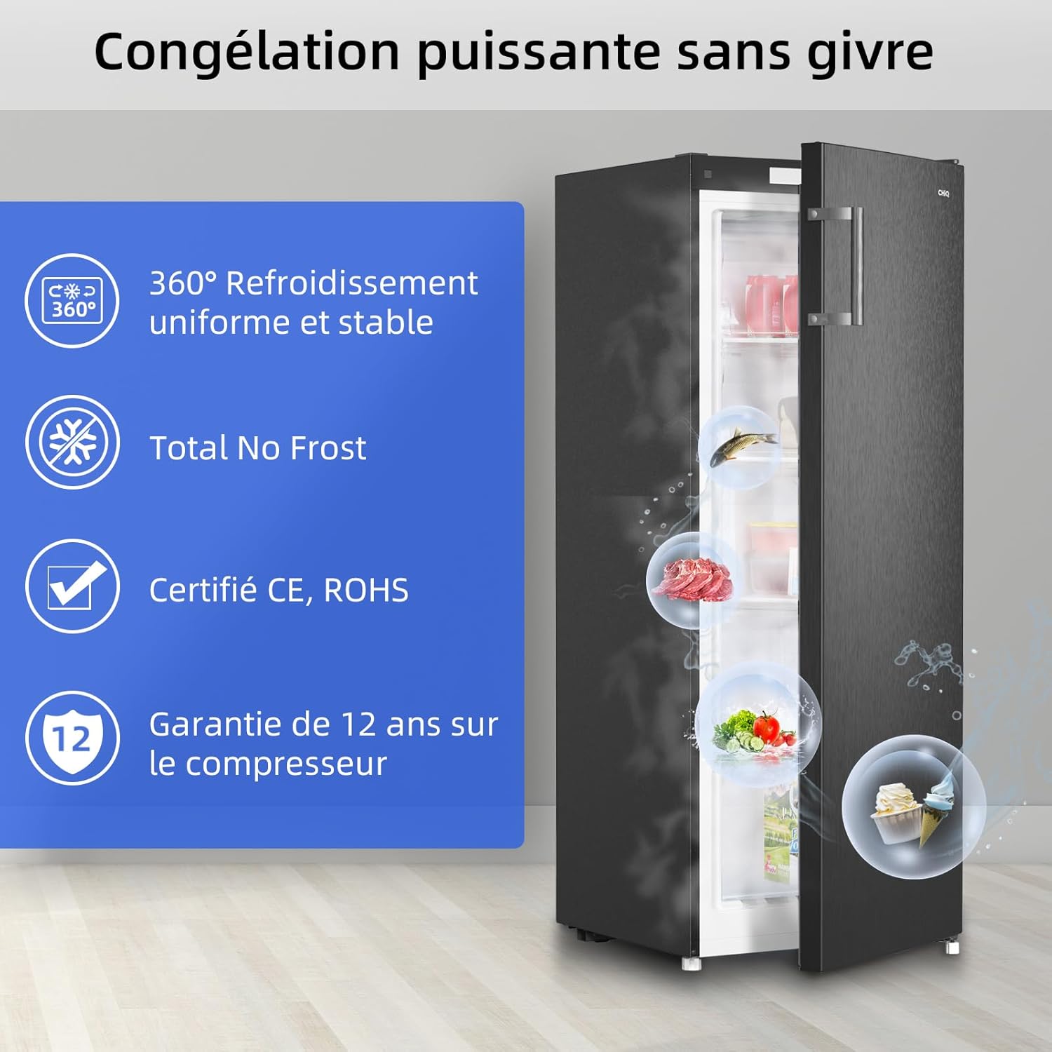 CHiQ Congélateur d'une capacité de 145 L, Congélation rapide, Thermostat réglable Silencieux Porte réversible, Noir, Classe énergétique E