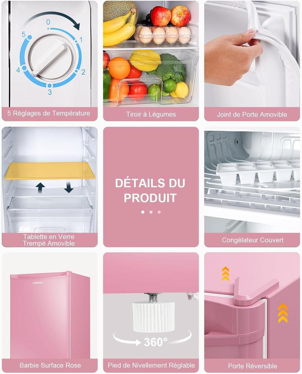 Mini réfrigérateur avec compartiment congélateur, bac à légumes 91L, thermostat réglable, silencieux