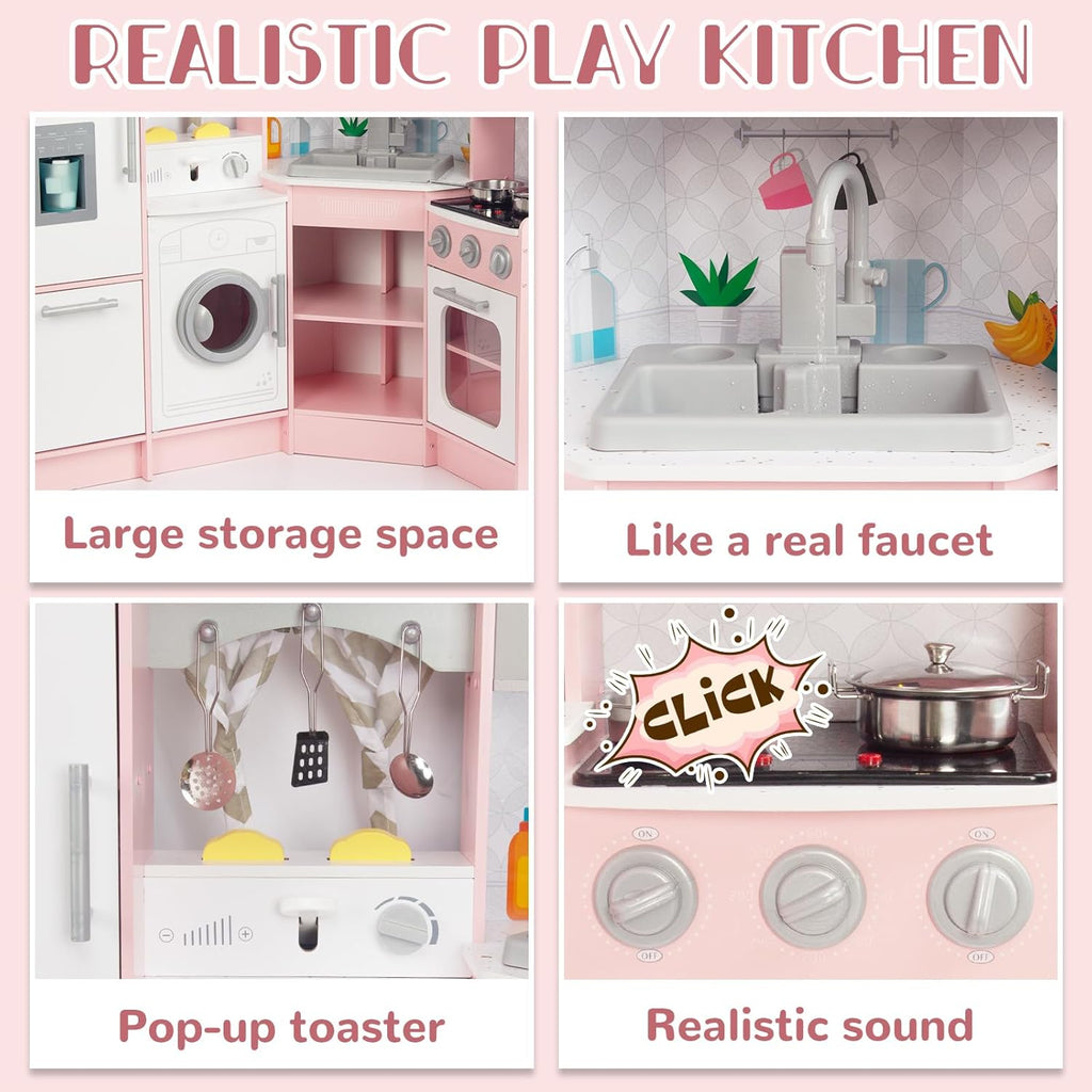 Cuisine enfant en bois rose avec évier, cuisinière et four, cuisine jouet en bois et accessoires pour enfants de 3 ans et plus (rose 2)