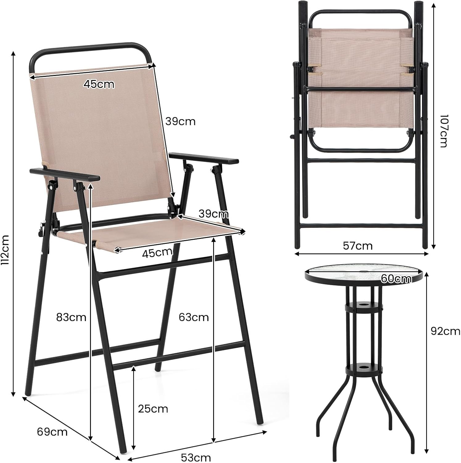 Ensemble bistrot KOMFOTTEU, salon de jardin avec parasol, table avec trou pour parasol, 2 chaises pliantes, ensemble table et chaises de patio, mobilier d'extérieur pour balcon