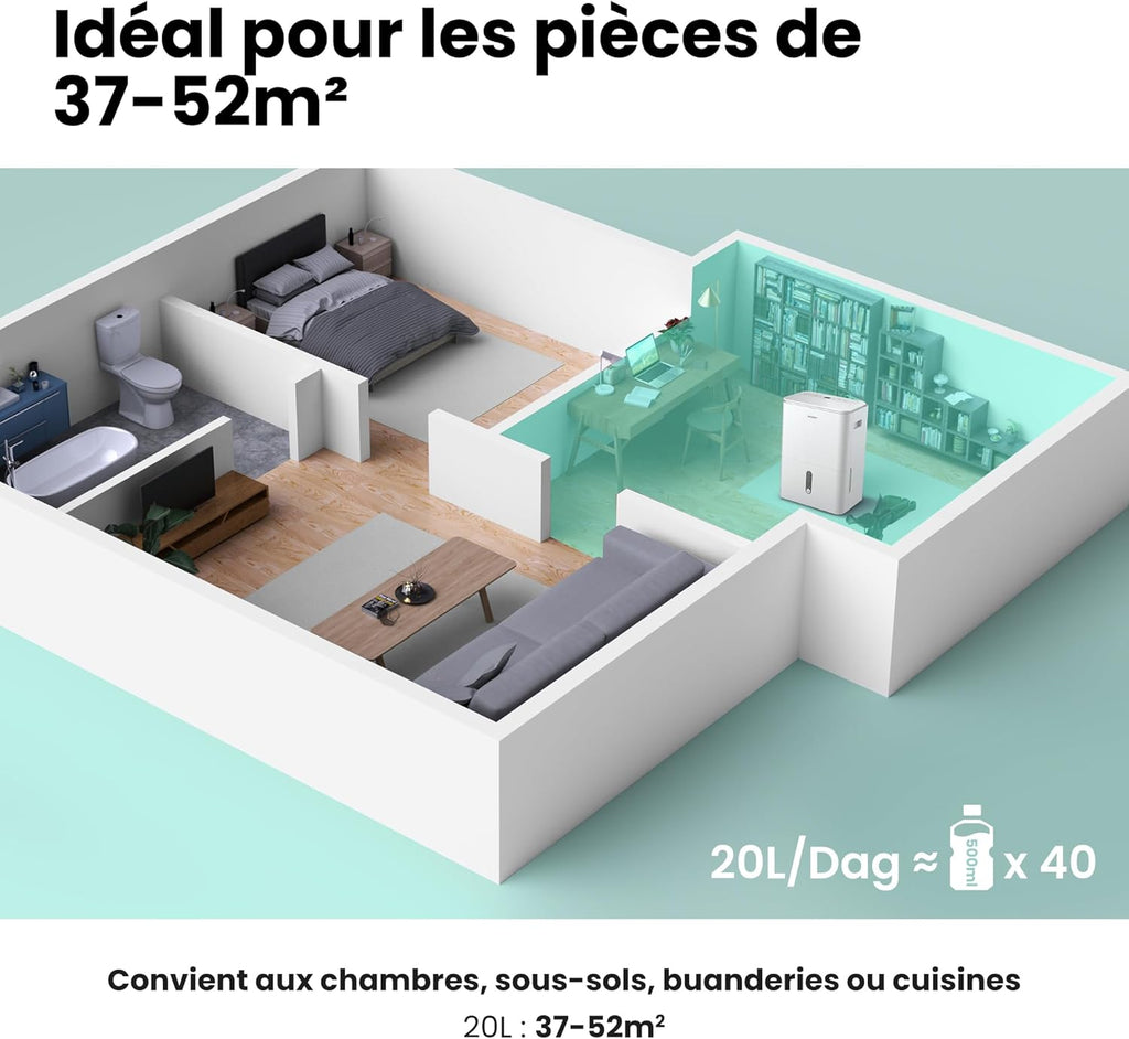 Déshumidificateur puissant COMFEE, absorbe jusqu'à 50 L/jour, sèche-linge, mode confort, grand réservoir de 6 L, minuterie 24 h, idéal pour les grandes pièces de 101 à 116 ㎡, MDDPE-50DEN7, cave, sous-sol