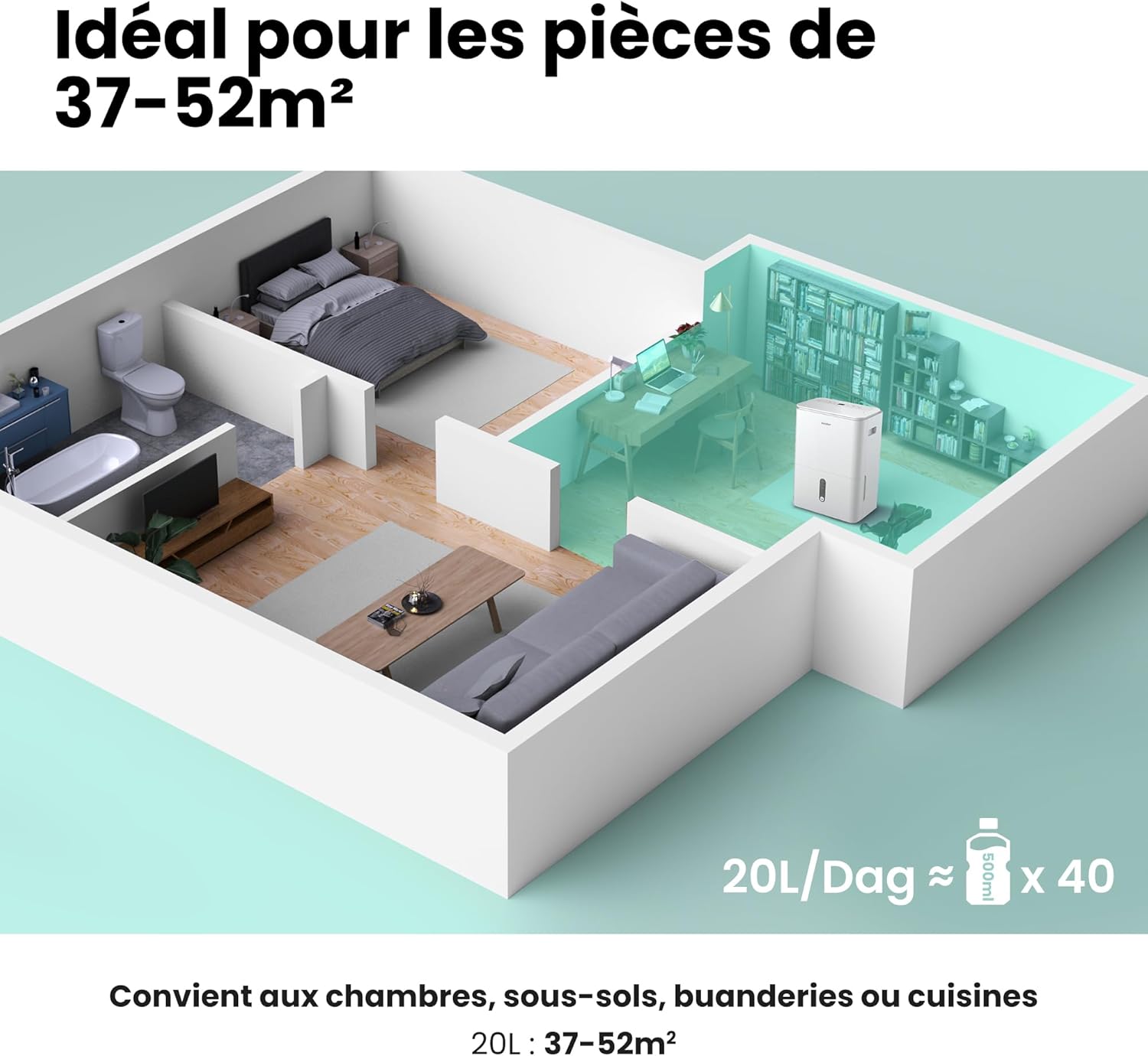 Déshumidificateur puissant COMFEE, absorbe jusqu'à 50 L/jour, sèche-linge, mode confort, grand réservoir de 6 L, minuterie 24 h, idéal pour les grandes pièces de 101 à 116 ㎡, MDDPE-50DEN7, cave, sous-sol