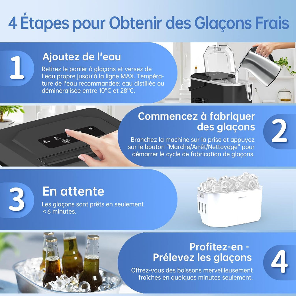 Machine à glaçons 24 heures sur 24, 12 kg, portable, silencieuse, avec pelle à glace et autonettoyante