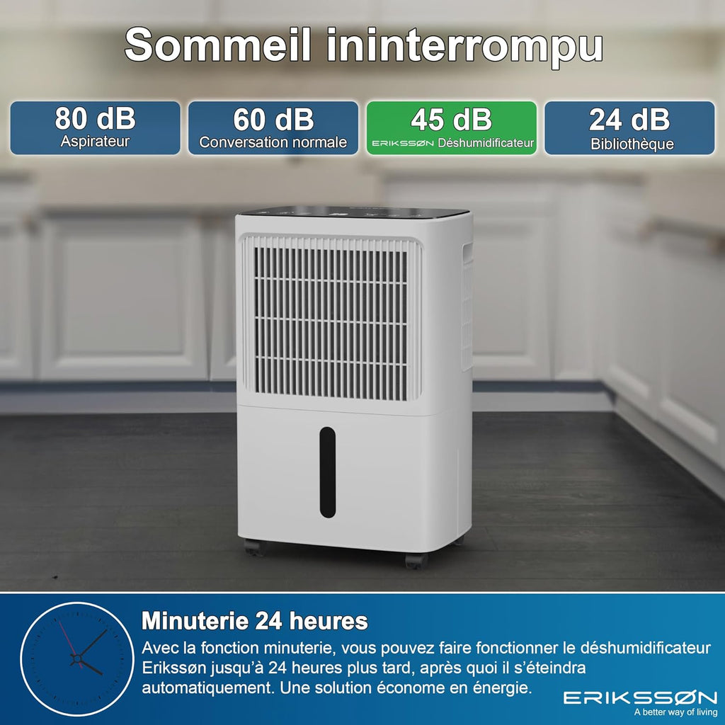 Déshumidificateur 16 litres/24 heures taille de la pièce : environ 140 m3 (70 m2), affichage LED, résistant à l'humidité  avec minuterie, économie d'énergie, avec capteur d'humidité (blanc)