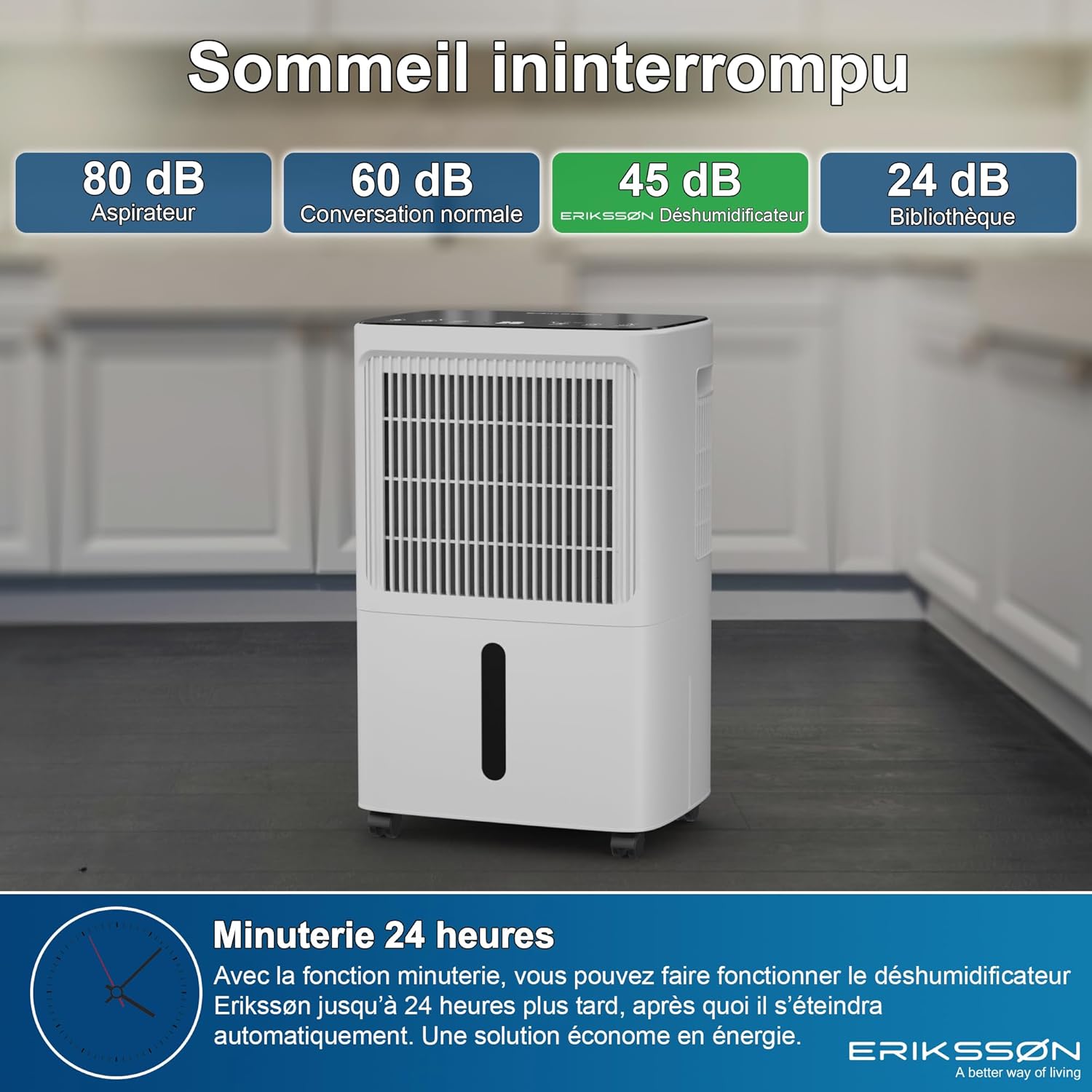 Déshumidificateur 16 litres/24 heures taille de la pièce : environ 140 m3 (70 m2), affichage LED, résistant à l'humidité  avec minuterie, économie d'énergie, avec capteur d'humidité (blanc)