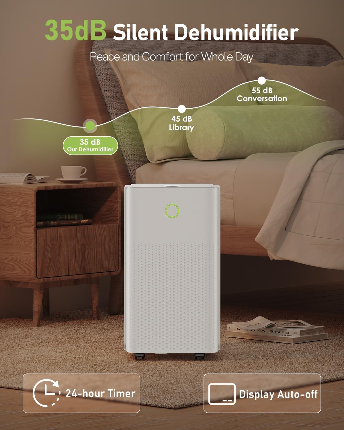 Deshumidificateur d air 12L/24h, Déshumidificateur Electrique avec Compresseur, 3 Modes, Déshumidification Automatique, Drainage Continu, 24h Minuterie, Contre l'humidité pour Maison/Appartement/Cave