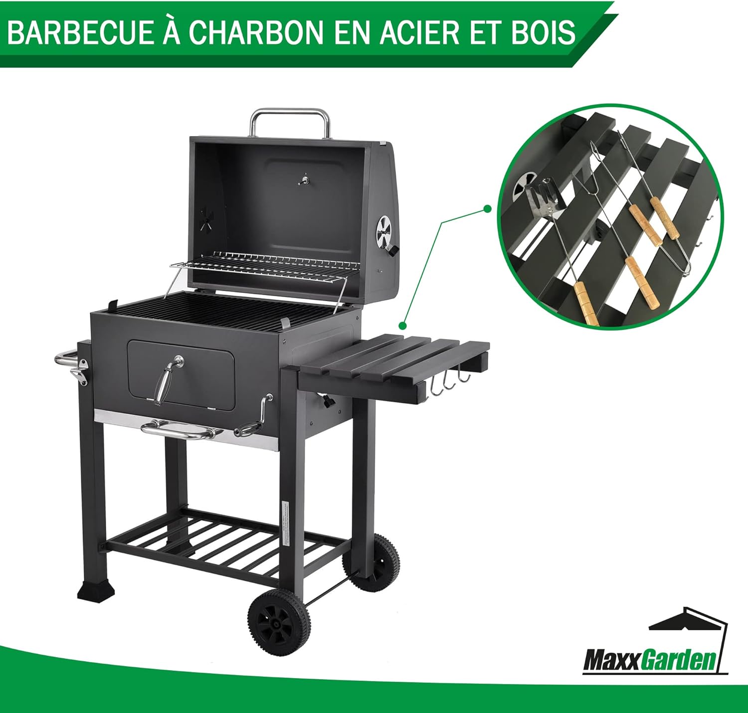 MaxxGarden Barbecue au Charbon - Barbecue de Bois - BBQ - Grill - Transportable - 118 cm - Noir