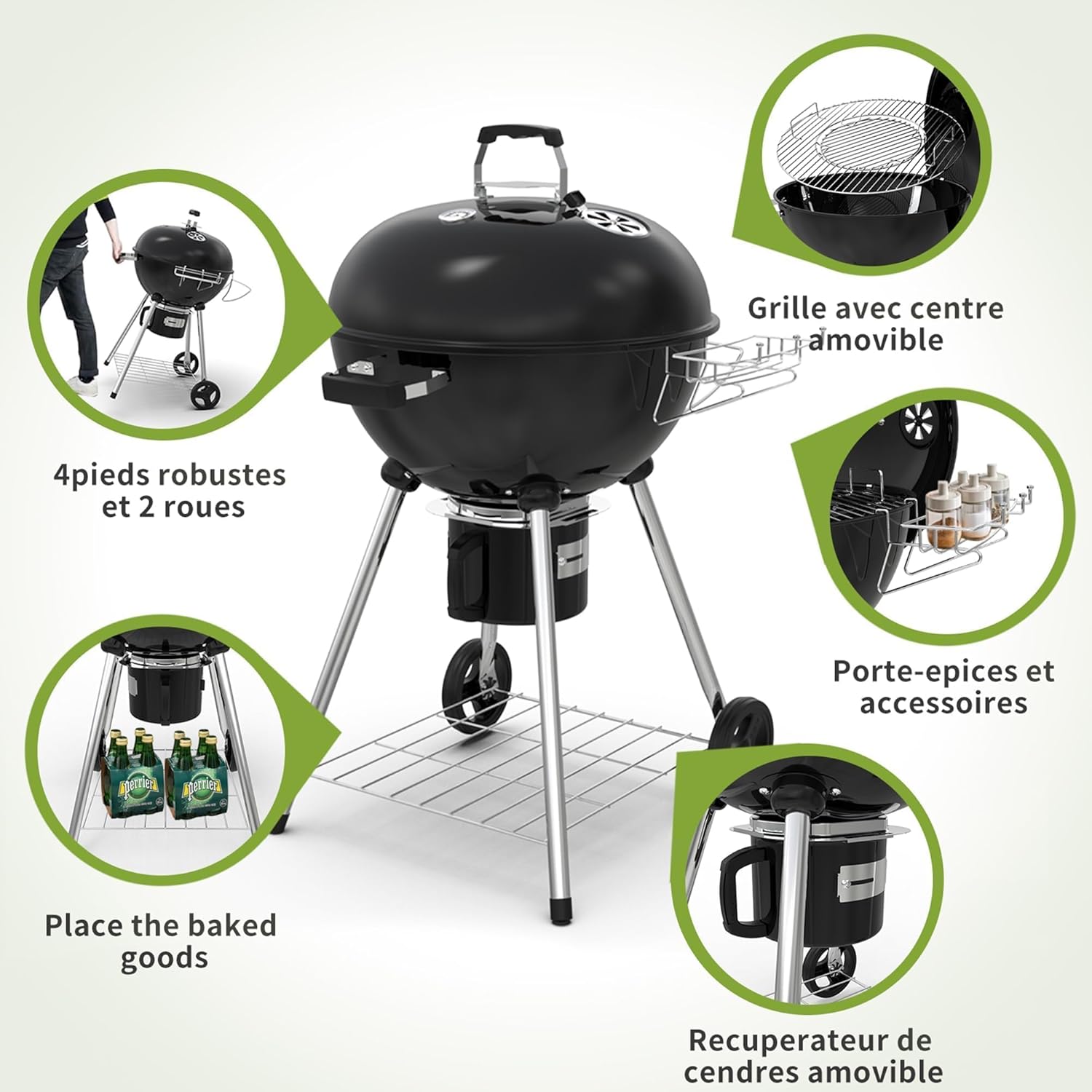 Grill à charbon TEENO, gril de cuisson XXL, gants anti-brûlure, thermomètre, tiroir à cendres,