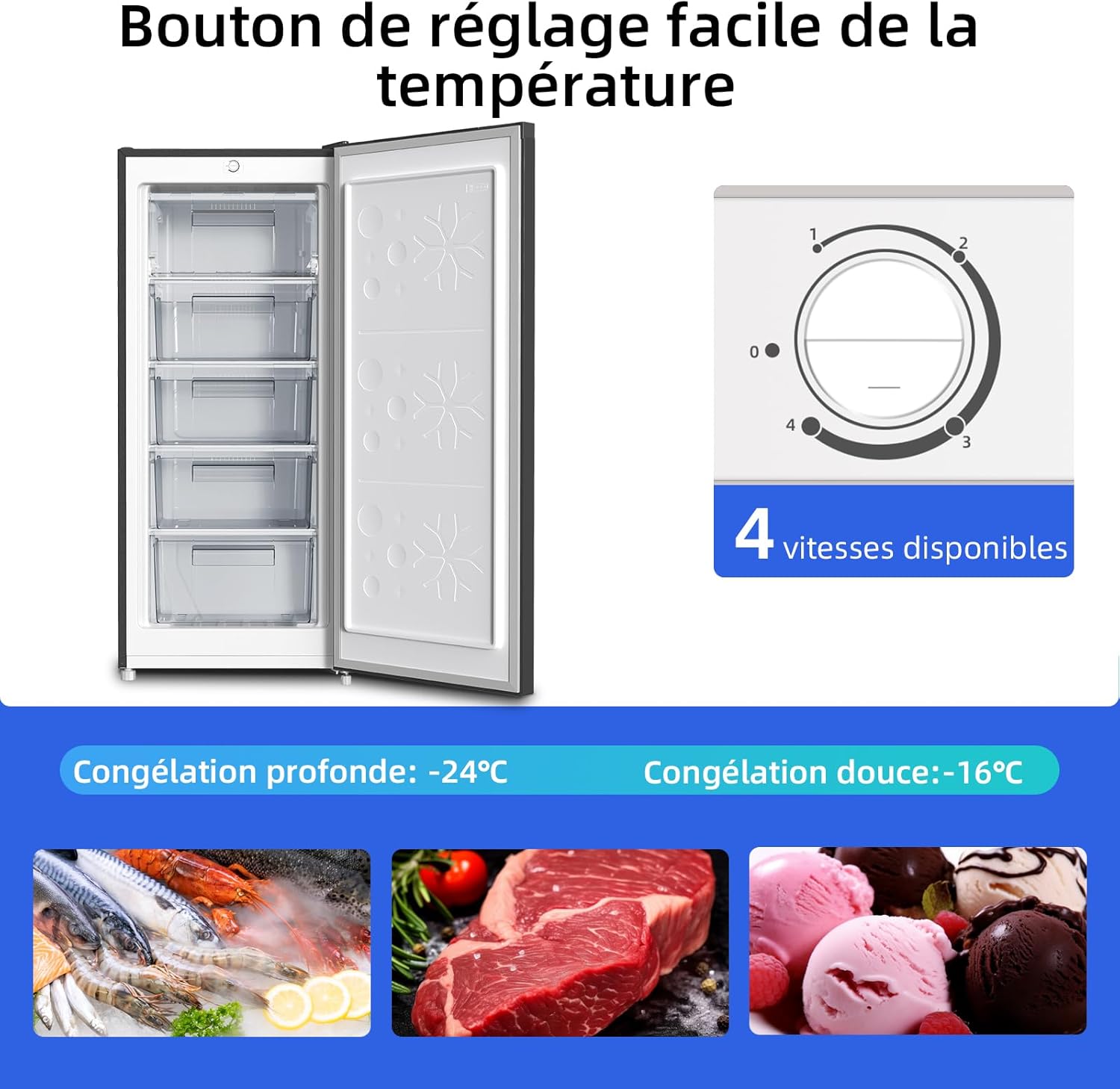 CHiQ Congélateur d'une capacité de 145 L, Congélation rapide, Thermostat réglable Silencieux Porte réversible, Noir, Classe énergétique E
