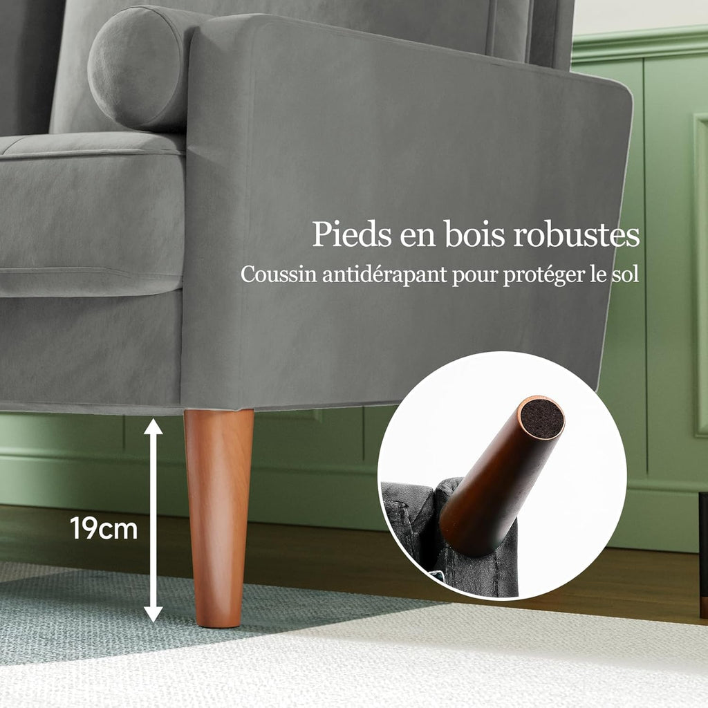 Vesgantti petit canapé gris, canapé en velours avec coussins à ressorts, accoudoirs