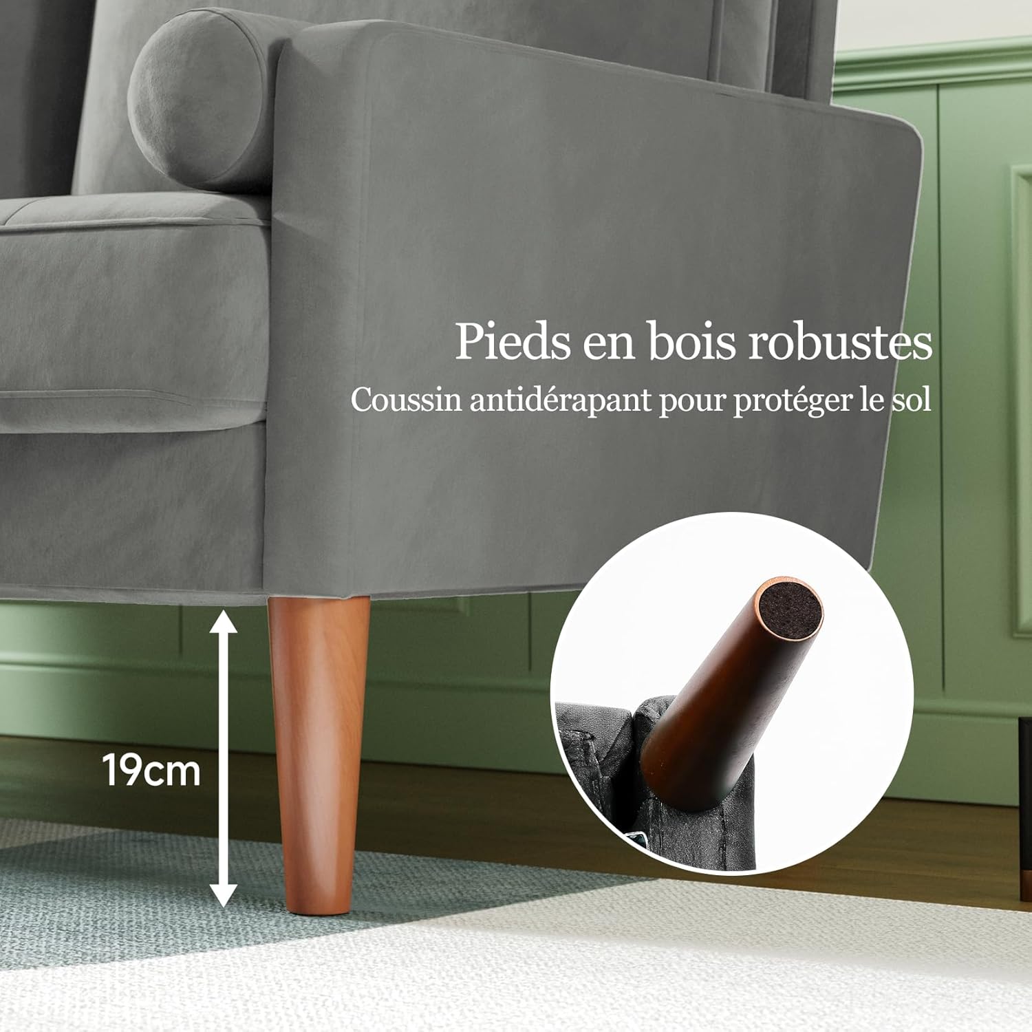 Vesgantti petit canapé gris, canapé en velours avec coussins à ressorts, accoudoirs