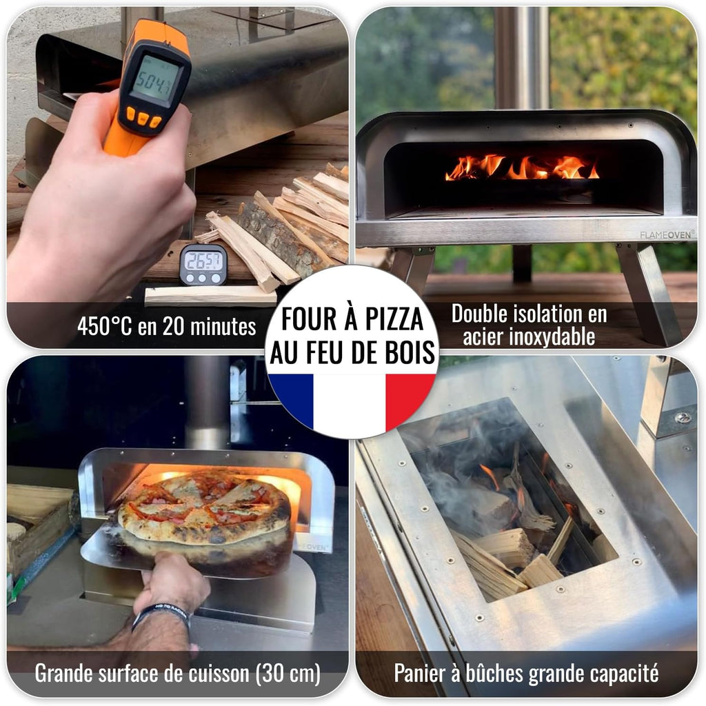 Four à Pizza Extérieur au Feu de Bois ● Conçu en France ● Acier Premium ● Surface de Cuisson XXL ● Flux d'Air Réglable ● Art Culinaire & Savoir-faire ● Housse et Pelle ● Pierre de Cuisson ● FLAMEOVEN