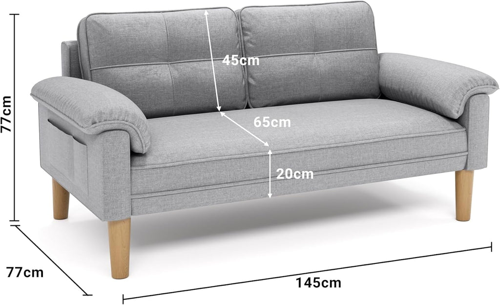 Xbro 2-zitsbank - Kleine 2-zitsbank met armleuningen en zijvak, moderne bank voor woonkamer, appartement, kantoor, eenvoudig te monteren, 144 x 77 x 77 cm, donkergrijs 