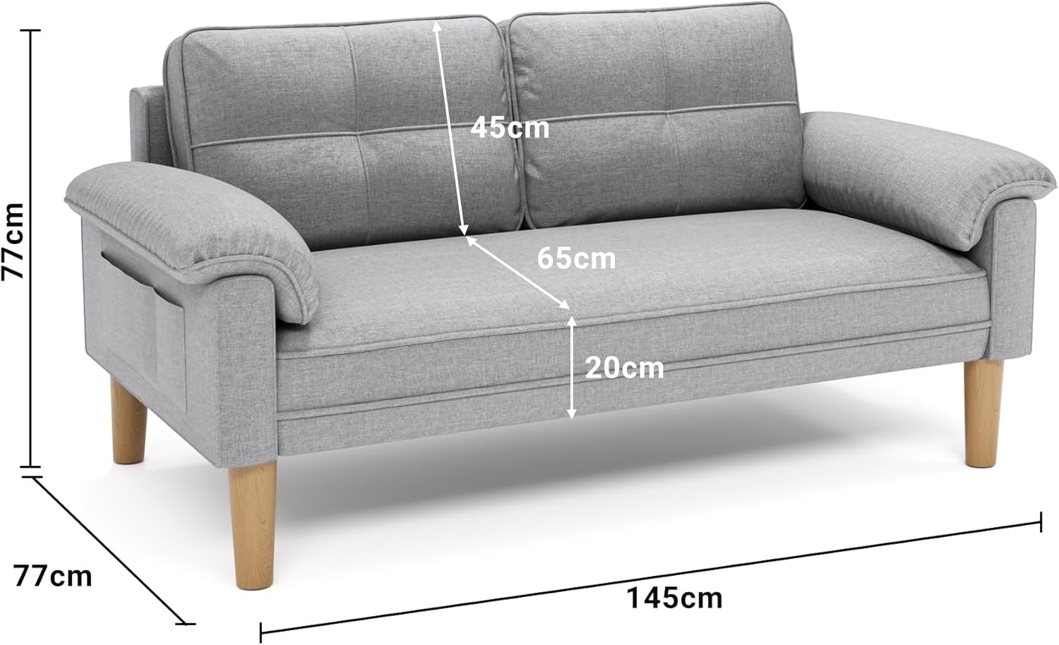 Xbro 2-zitsbank - Kleine 2-zitsbank met armleuningen en zijvak, moderne bank voor woonkamer, appartement, kantoor, eenvoudig te monteren, 144 x 77 x 77 cm, donkergrijs 