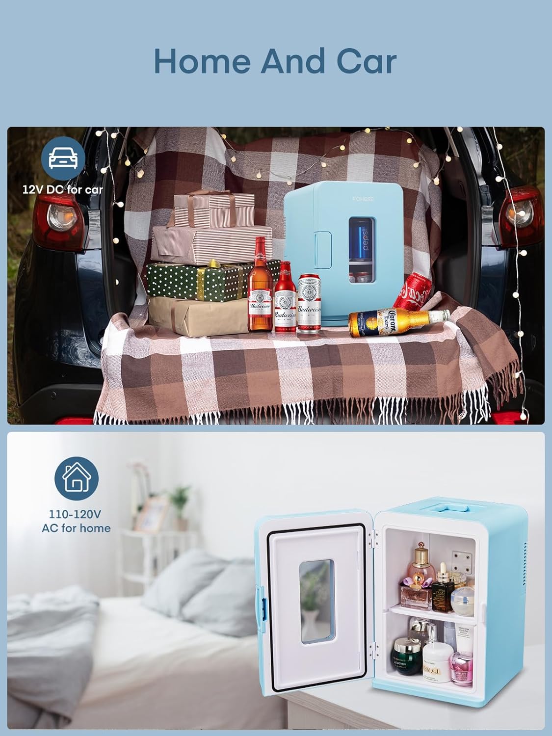 Mini réfrigérateur FOHERE 15 L/21 canettes, petit réfrigérateur portable 240 V/12 V, mode silencieux, fonction chaud/froid, cosmétique noir