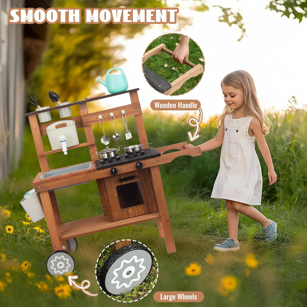 Jeux de plein air Cuisine Jardin Jeux Cuisine Boue Cuisine Enfants Extérieur avec Roues, Bouilloire, Évier, Bac à Plantes en Bois, Cuisine Enfants
