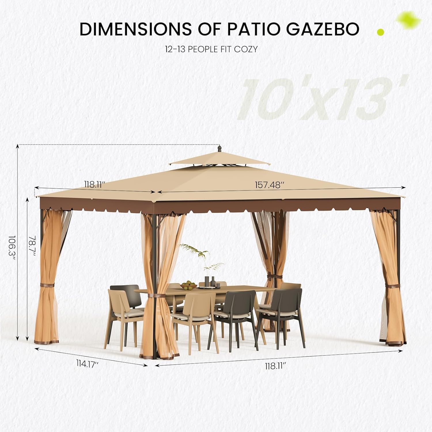 Tonnelle 10x12 avec écran, tonnelle d'extérieur en métal robuste, tente à auvent à cadre robuste avec double toit gonflable, tonnelle de patio coupe-vent et imperméable