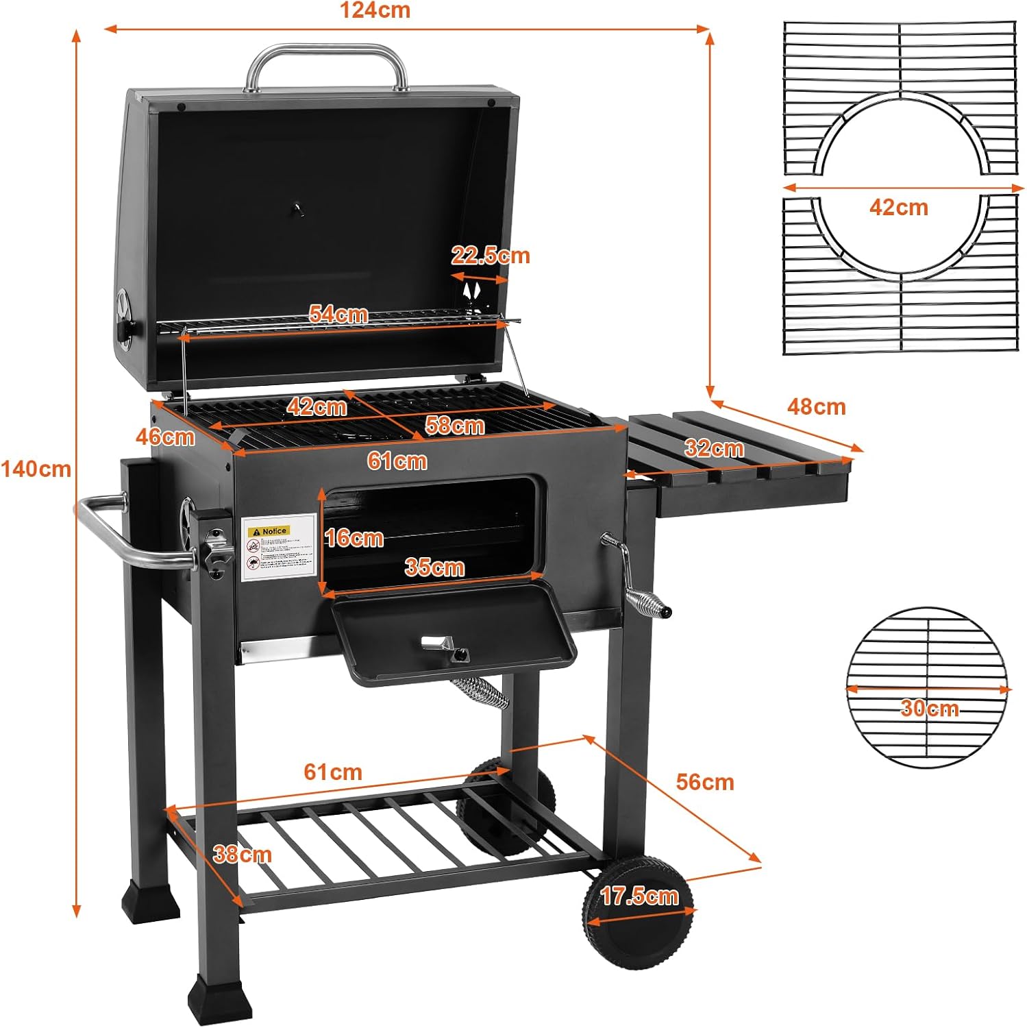 Barbecue Charbon de Bois, Chariot à Barbecue XXL, Grand Barbecue au Charbon de Bois, Grill à Charbon avec Couvercle, 2 Tables d'Appoint, Roues et Thermomètre, BBQ Fumoir, Barbecue de Jardin, Gris