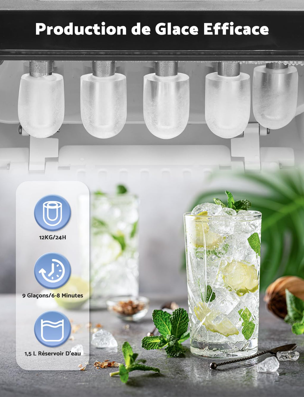Machine à glaçons Produit 12 kg de glace en 24 heures Produit 9 glaçons en 6 à 8 minutes Livré avec une pelle à glace réversible et une poignée de transport