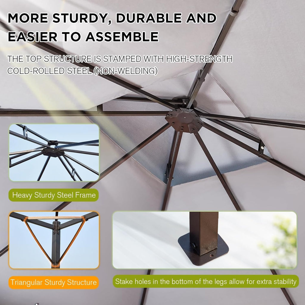 Tonnelle 10x12 avec écran, tonnelle d'extérieur en métal robuste, tente à auvent à cadre robuste avec double toit gonflable, tonnelle de patio coupe-vent et imperméable