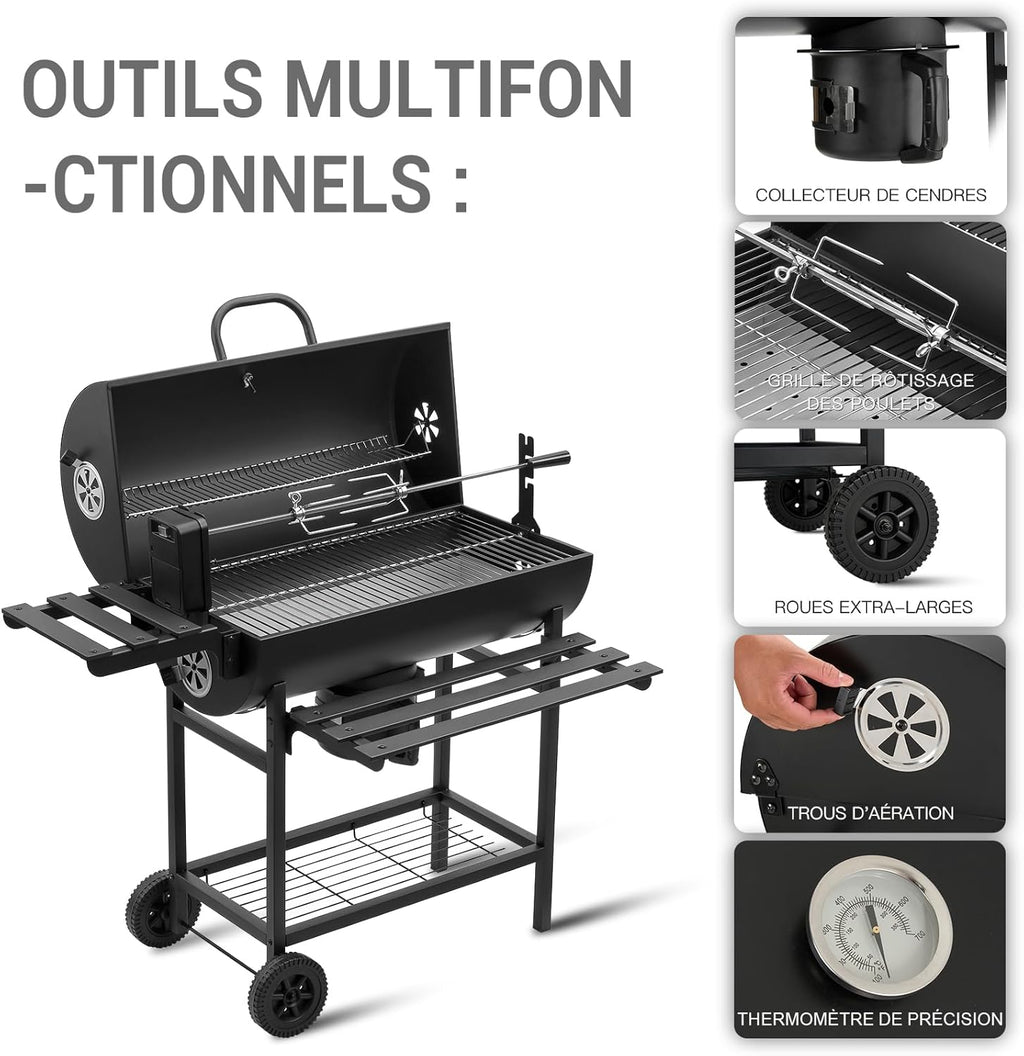 Grill à charbon TEENO, gril de cuisson XXL, gants anti-brûlure, thermomètre, tiroir à cendres,