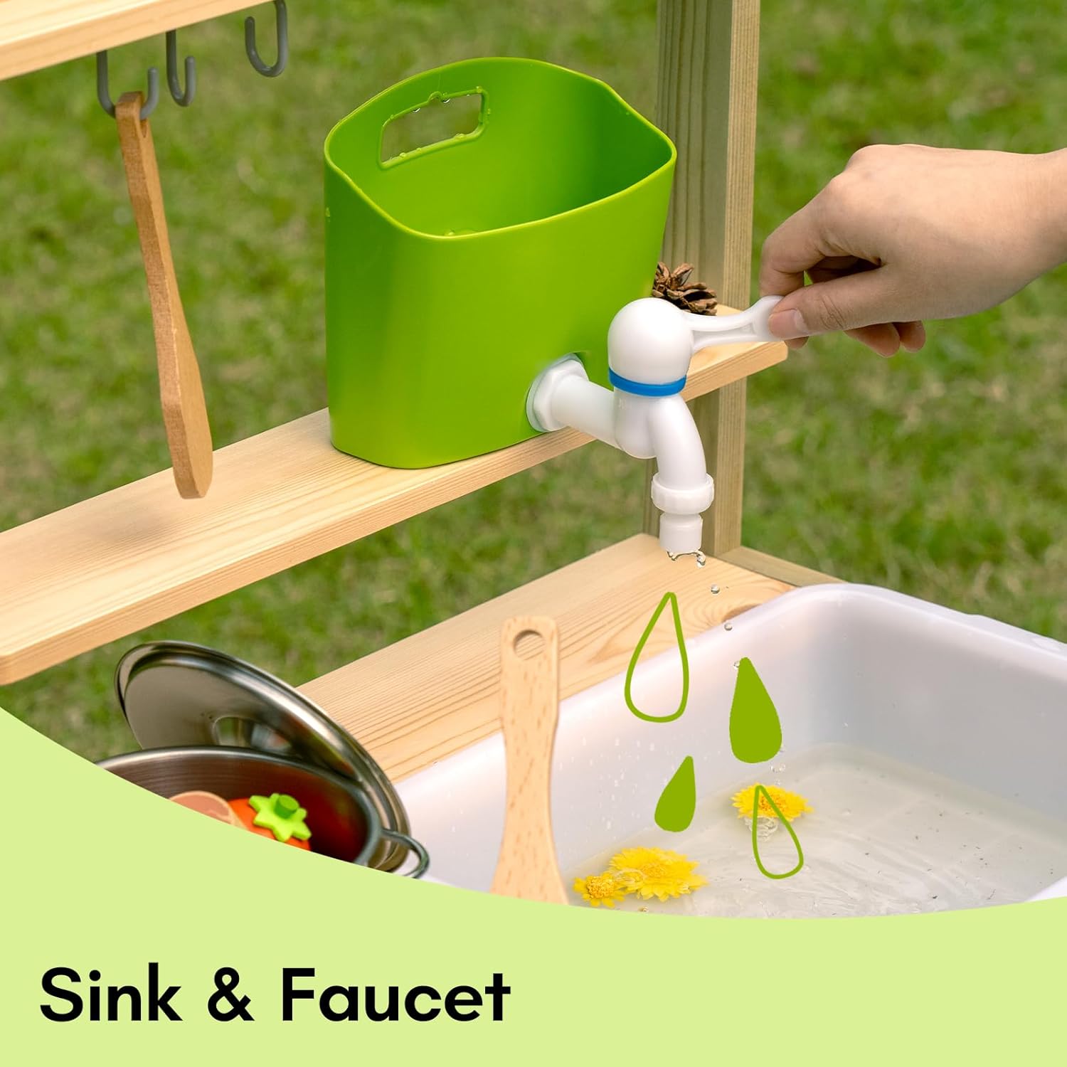 Cuisine extérieure pour enfants, cuisine en bois de luxe pour garçons et filles de 3 à 8 ans, pour jouer à l'intérieur et à l'extérieur, avec évier, casseroles et poêles et accessoires de cuisine