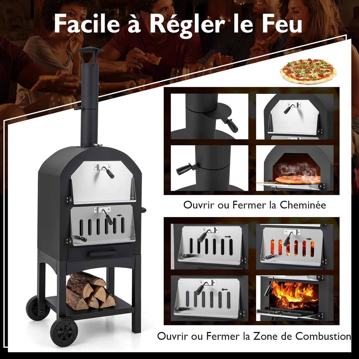 Four à pizza extérieur 162 cm four à pizza à bois ou à granulés avec pierre à pizza thermomètre grill spatule et accessoires complets cuisson pratique adapté au camping fête barbecue