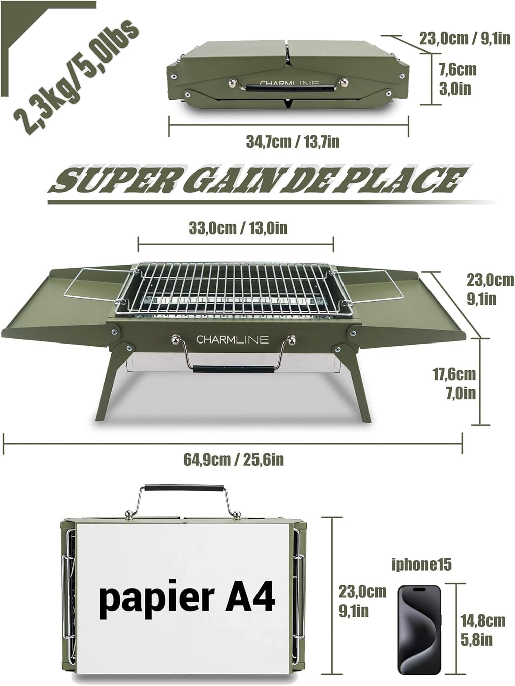 Barbecue portable compact au charbon de bois pour l'extérieur, 34 x 23 cm
