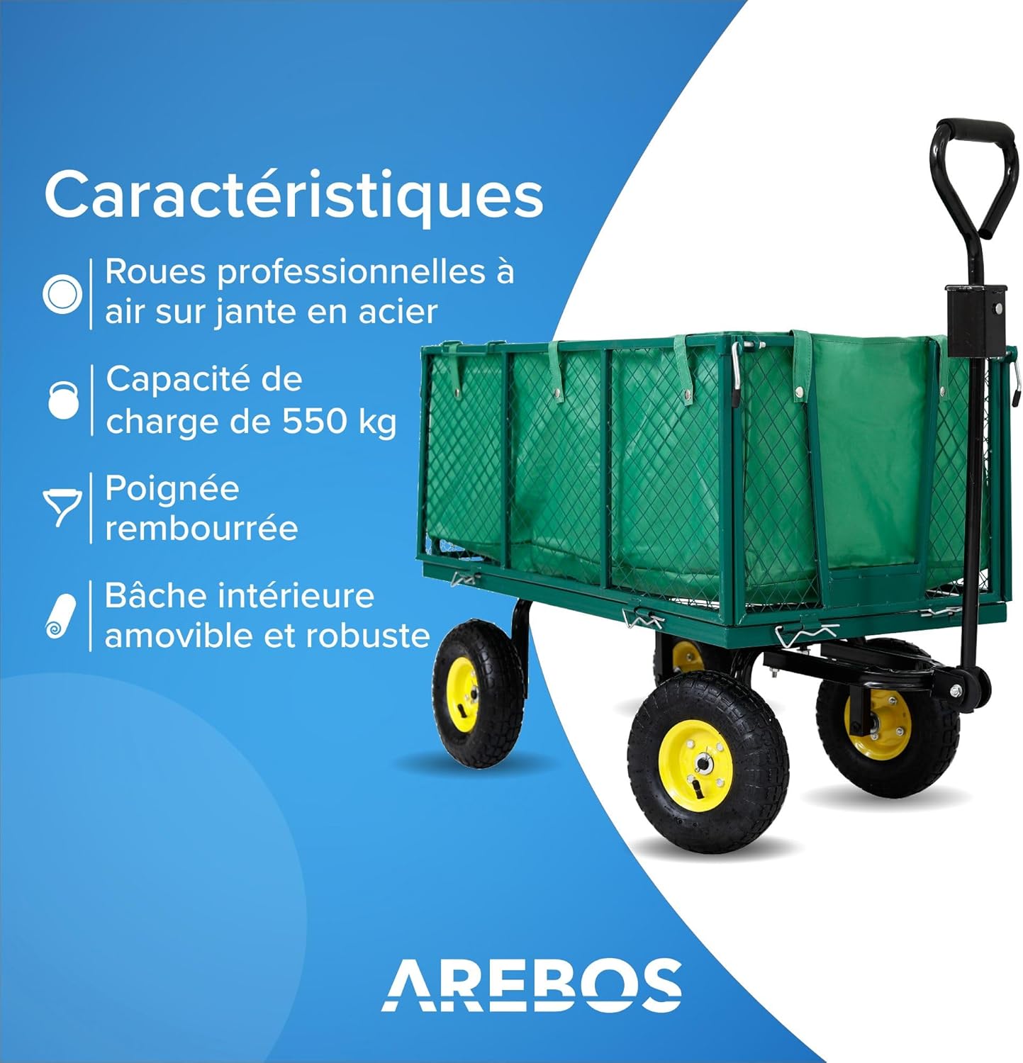 Chariot de jardin Arebos avec pneus profilés Charge max 550 kg Pliable vert Poignée et timon amovibles