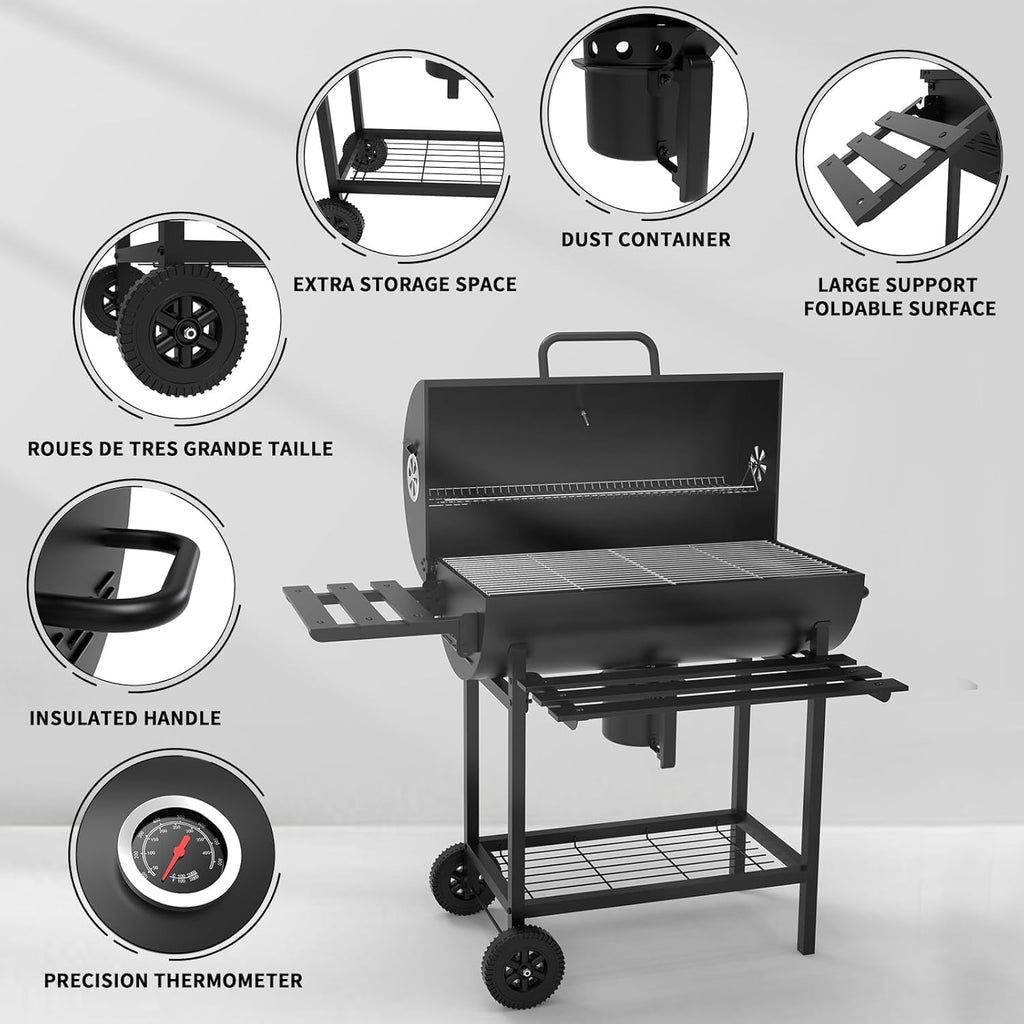 Grill à charbon TEENO, gril de cuisson XXL, gants anti-brûlure, thermomètre, tiroir à cendres,