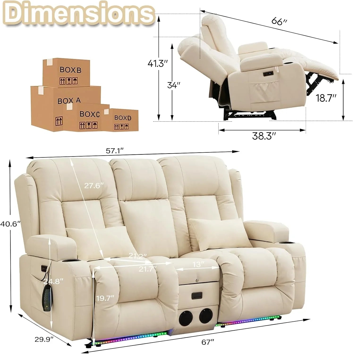 Canapé inclinable électrique TUNYI avec fonctions massage et chauffage, siège home cinéma avec console, canapé inclinable électrique pour camping-car