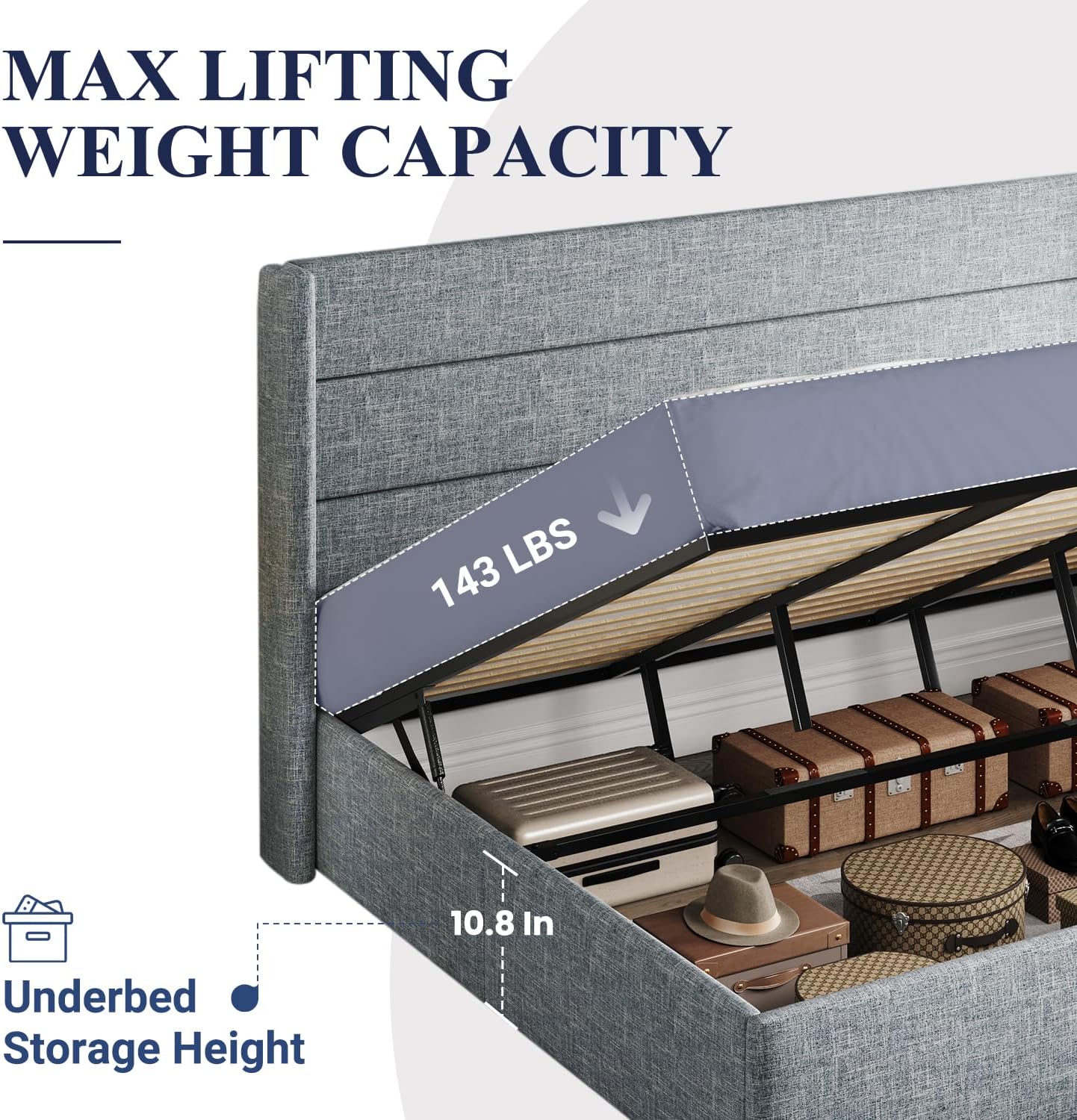 Lit queen-size relevable avec rangement Allewie, tête de lit à oreilles moderne et support hydraulique