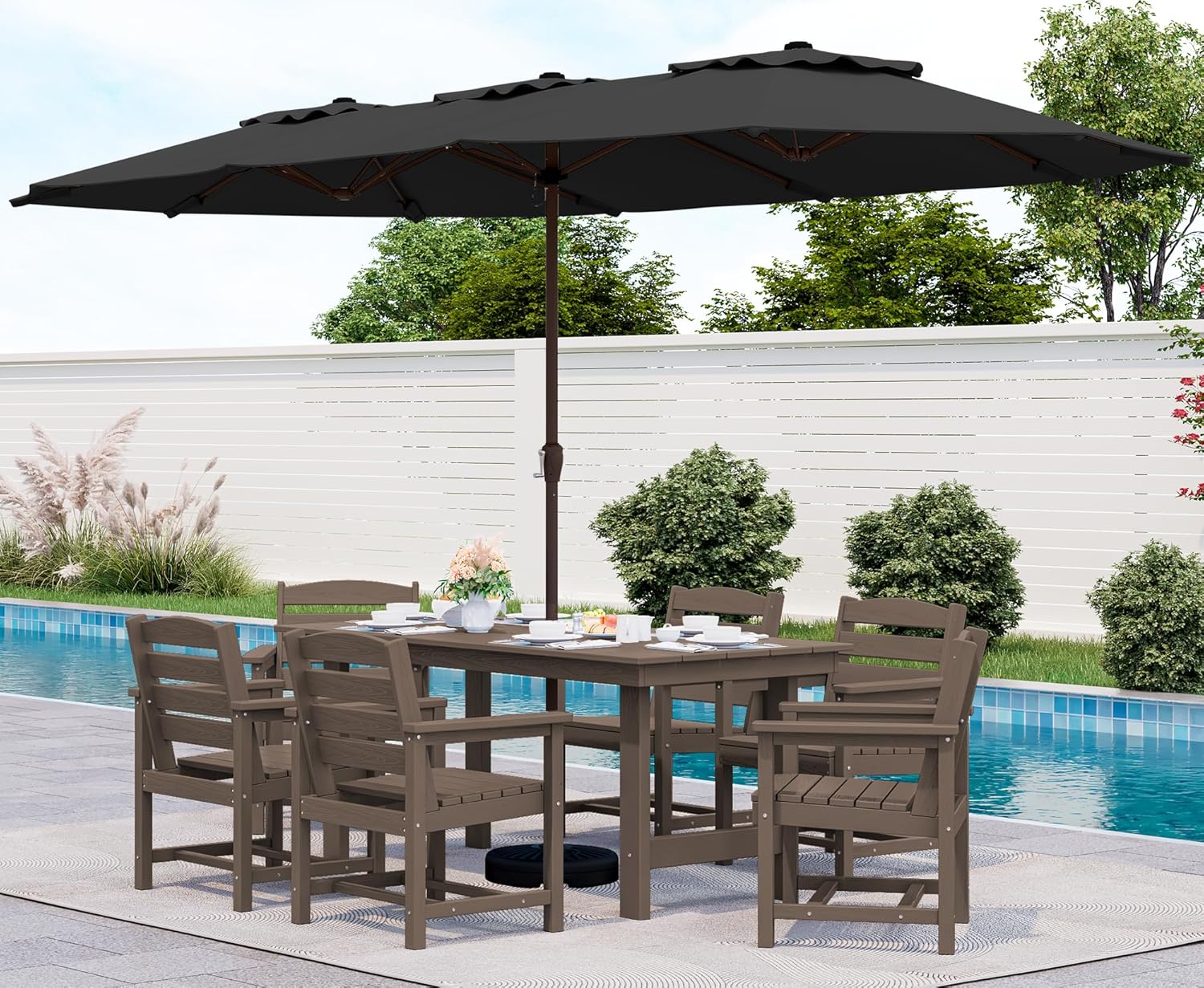 Ensemble de salle à manger d'extérieur en PEHD, 7 pièces, avec table découpée pour parasol et 6 chaises