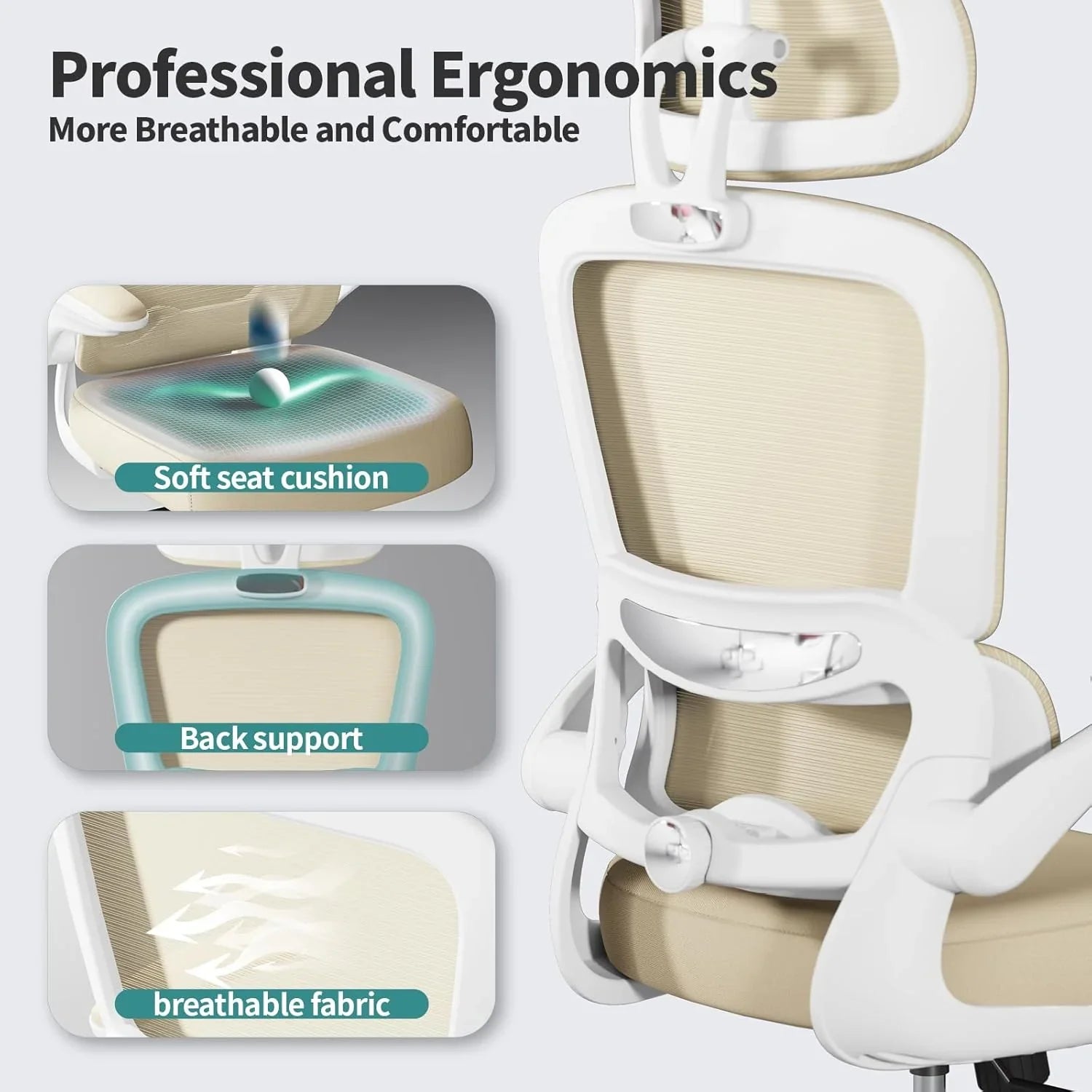 Chaise de bureau ergonomique, chaise de bureau en maille avec roulettes, capacité de charge de 150 kg, chaise de jeu confortable, dossier haut