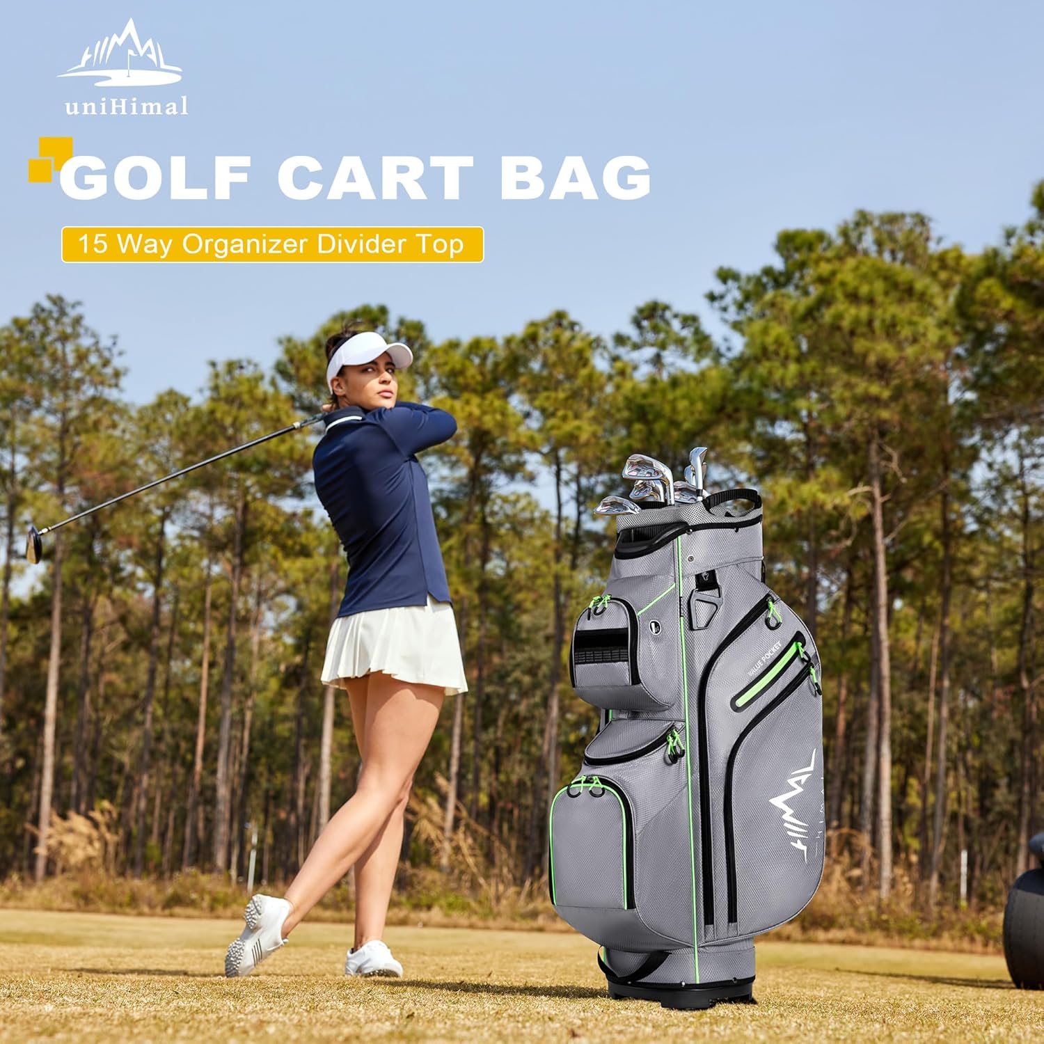 Sac de chariot de golf, organiseur à 15 compartiments, compartiment supérieur avec poignées et housse de pluie