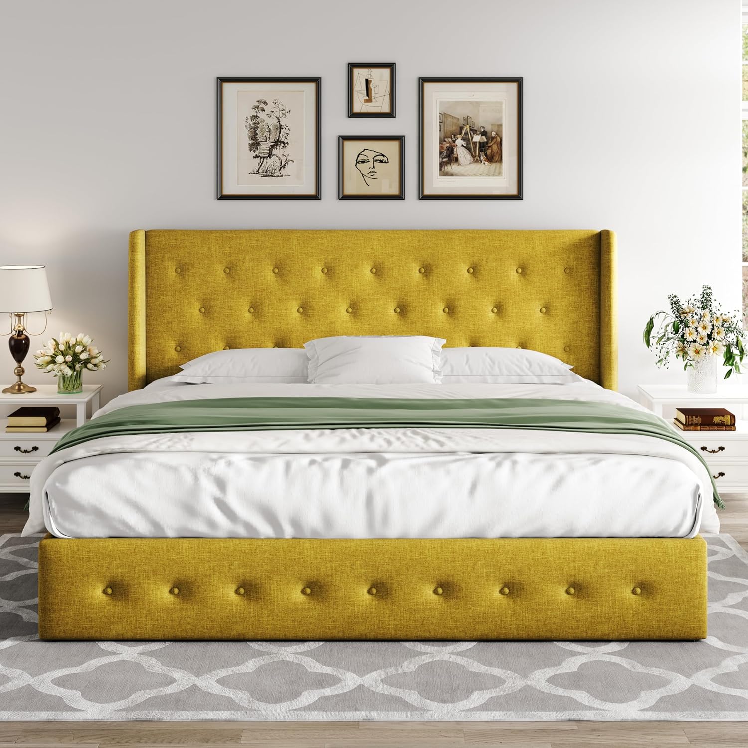 Lit queen-size relevable avec rangement Allewie, tête de lit à oreilles moderne et support hydraulique