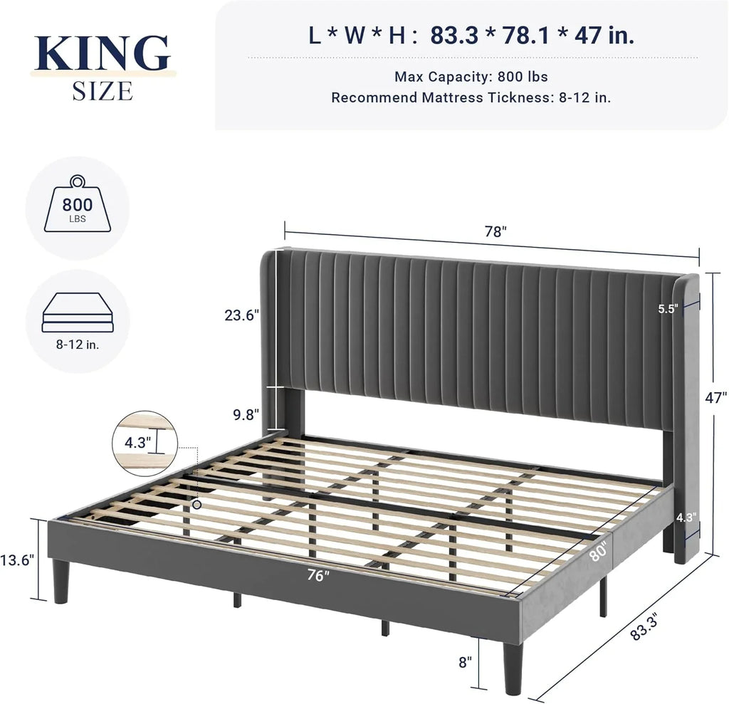 Cadre de lit Allewie en velours pleine grandeur/tête de lit capitonnée à oreilles verticales/lit plateforme rembourré/lattes en bois robustes