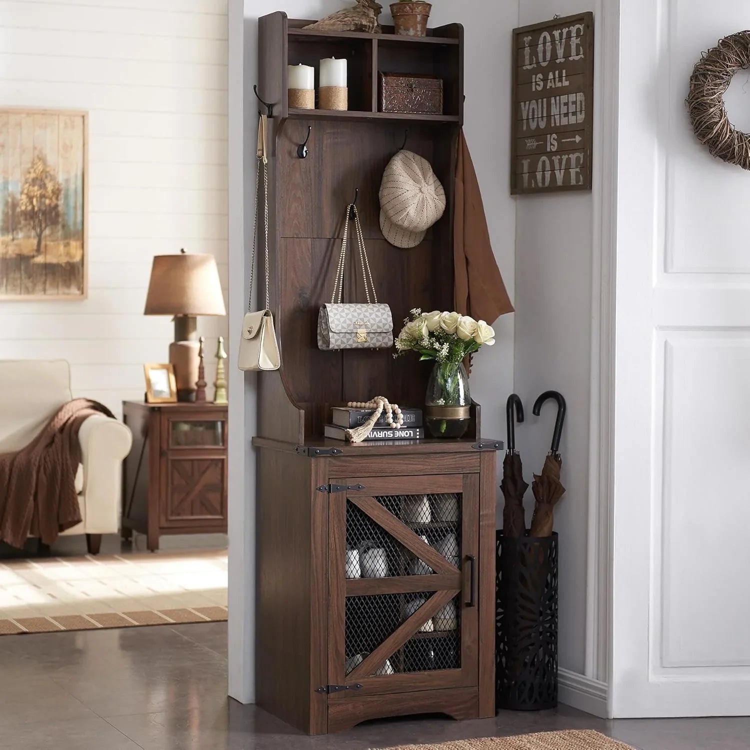 JXQTLINGMU Arbre de foyer de ferme de 59 pouces avec rangement pour chaussures, banc d'entrée, porte-manteau, armoire