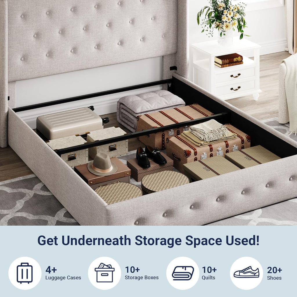 Lit queen-size relevable avec rangement Allewie, tête de lit à oreilles moderne et support hydraulique