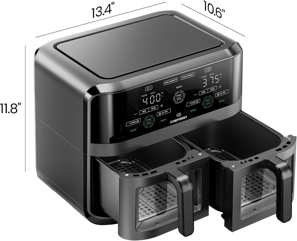 La friteuse à air à double panier Chefman de 6 pintes avec fenêtre Easy View utilise deux poêles antiadhésives séparées de 3 pintes.