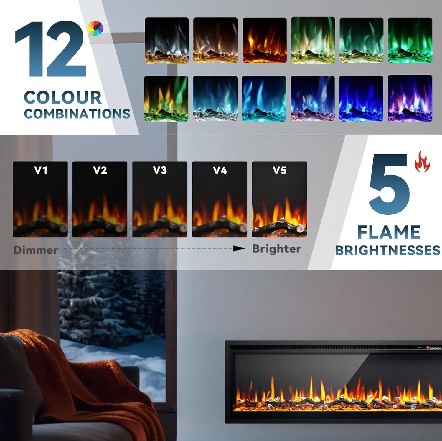 EUHOMY Cheminée électrique encastrée et murale de 50 pouces avec couleur de flamme réglable, chauffage de cheminée avec télécommande, cheminée linéaire avec minuterie, écran tactile, bûche et cristal, 750/1500 W