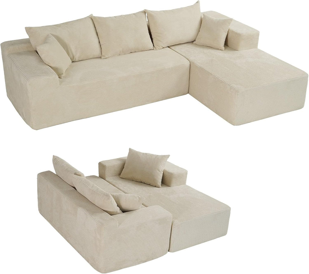 Cloud sofa with L-shaped lounge chair, modern modular sofa with deep seats