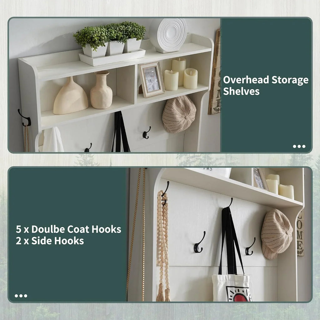 JXQTLINGMU Arbre de foyer de ferme de 59 pouces avec rangement pour chaussures, banc d'entrée, porte-manteau, armoire