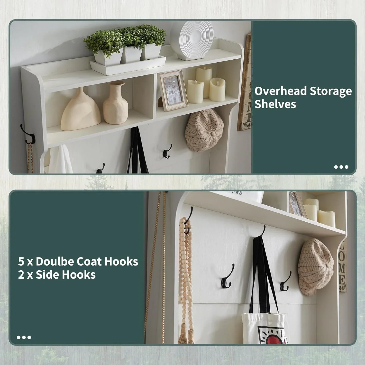 JXQTLINGMU Arbre de foyer de ferme de 59 pouces avec rangement pour chaussures, banc d'entrée, porte-manteau, armoire