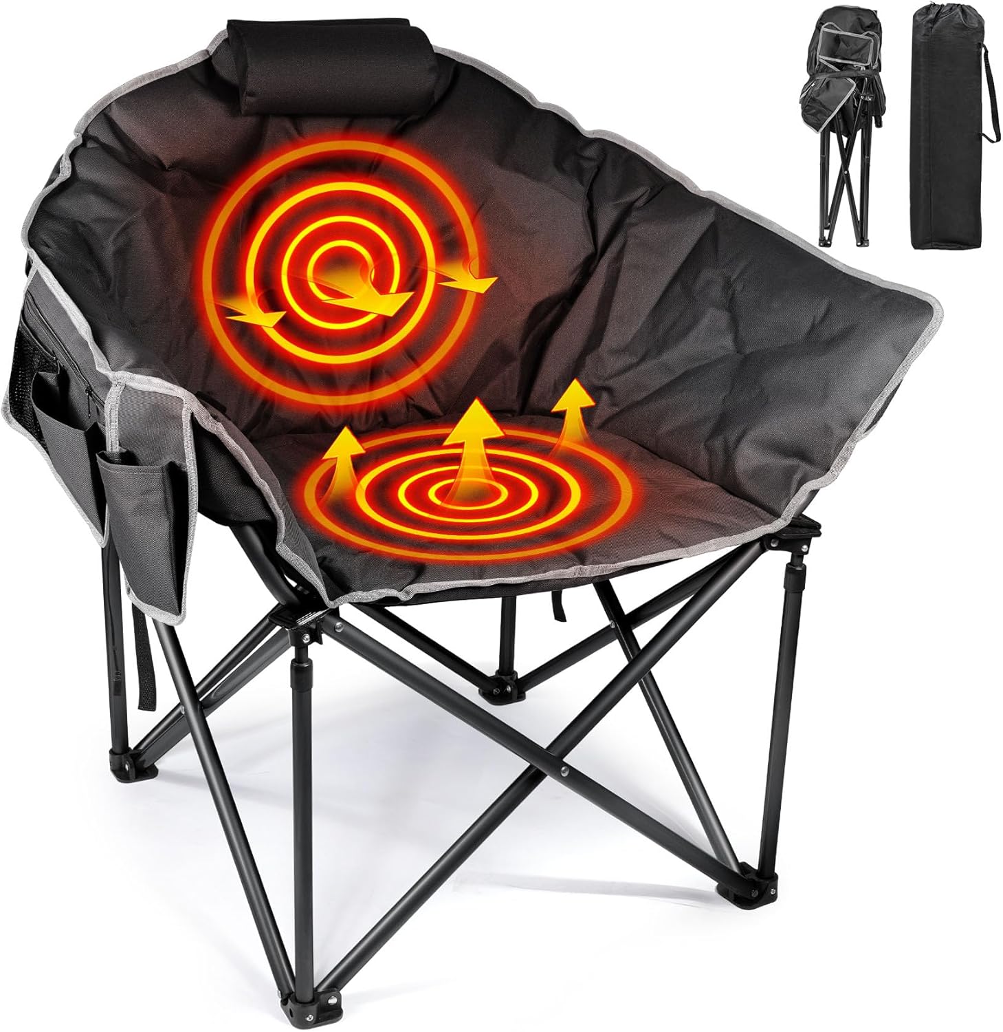 Chaise de camping chauffante, chaise de sport d'extérieur extra large avec 3 niveaux de chaleur sur le dossier et l'assise, chaise d'extérieur chauffante pliante portable (piles non incluses)