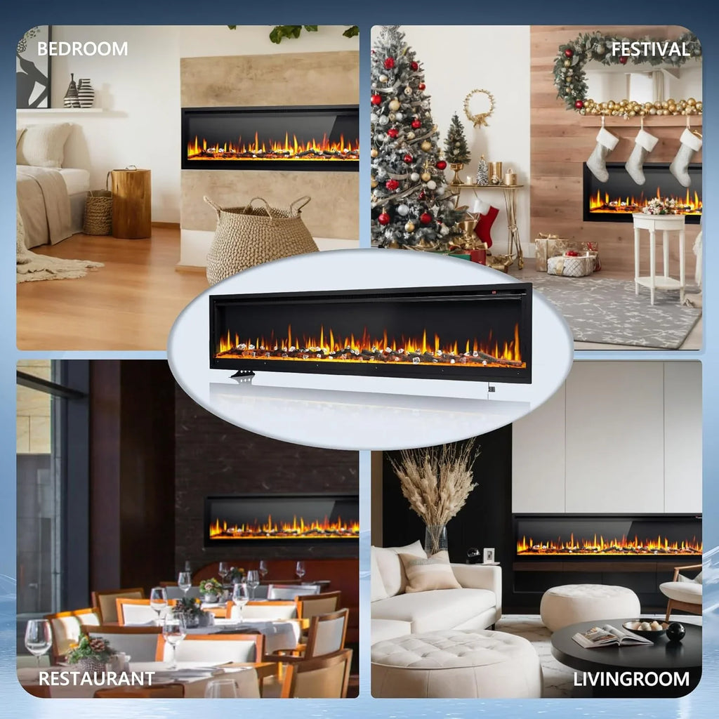 EUHOMY Cheminée électrique encastrée et murale de 50 pouces avec couleur de flamme réglable, chauffage de cheminée avec télécommande, cheminée linéaire avec minuterie, écran tactile, bûche et cristal, 750/1500 W