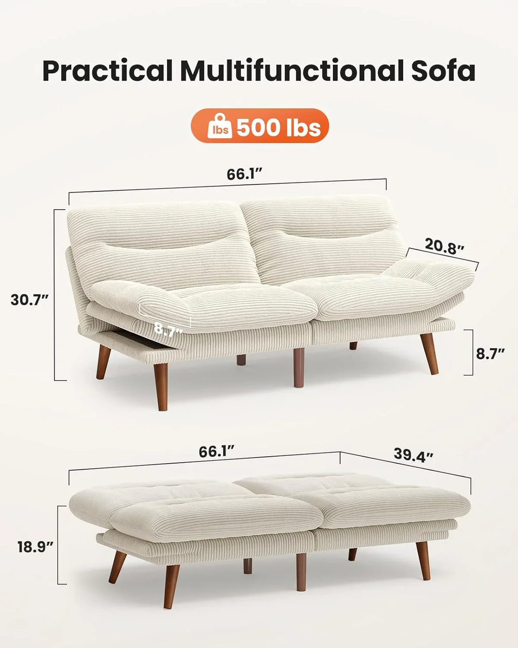 Canapé-lit futon convertible, canapé-lit futon inclinable en velours côtelé de 66 pouces pour petits espaces, salles de jeux ou bureaux